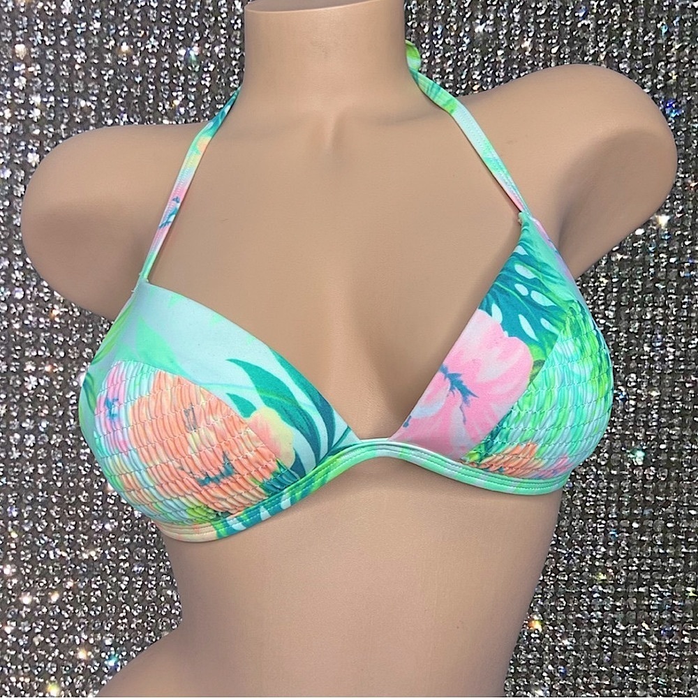 Victoria secret pink bikini top floral tropical green neon triangle halter cute
